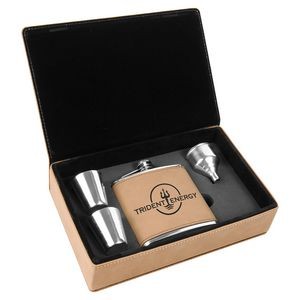 6oz. Stainless Steel Light Brown Leatherette Flask Gift Set