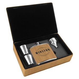 6oz. Stainless Steel Bamboo Leatherette Flask Gift Set