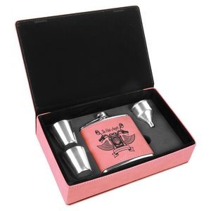 6oz. Stainless Steel Pink Leatherette Flask Gift Set