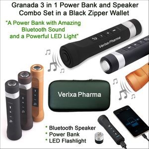 Granada 3 in 1 Gift Set Power Bank and Bluetooth Speaker Combo 3500 mAh in a Black Zipper Wallet