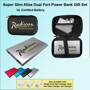 Super Slim Atlas Power Bank Dual Port Power Bank Zipper Wallet Gift Set 4000 mAh - Silver
