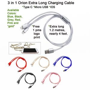 3 in 1 Orion Extra Long Charging Cable Silver