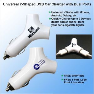 "Y" Shaped Dual Port USB Car Charger - White