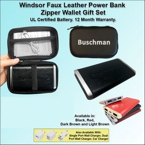 Windsor Faux Leather Power Bank Zipper Wallet Gift Set 8000 mAh - Black
