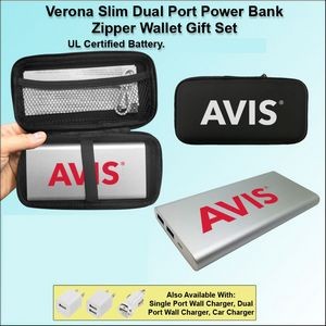 Verona Slim Dual Port Power Bank Zipper Wallet Gift Set 10000 mAh - Silver