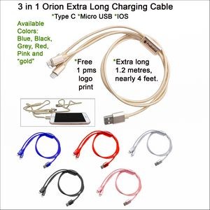 3 in 1 Orion Extra Long Charging Cable Gold