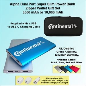 Alpha Dual Port Super Slim Power Bank Power Bank Zipper Wallet Gift Set 8000 mAh