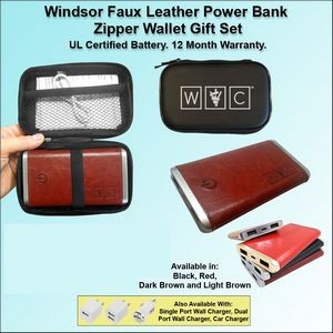 Windsor Faux Leather Power Bank Zipper Wallet Gift Set 4000 mAh - Dark Brown