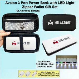 Avalon 3 Port Power Bank with LED Light 10000 mAh - Black