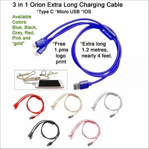 3 in 1 Orion Extra Long Charging Cable Blue