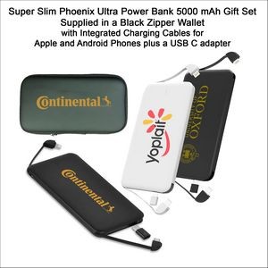 Super Slim Phoenix Ultra Power Bank 5000 mAh - Integrated Charging Cables Black Zipper Wallet