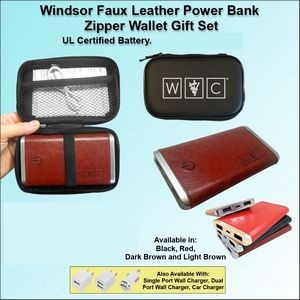 Windsor Faux Leather Power Bank Zipper Wallet Gift Set 6000 mAh - Dark Brown