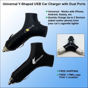 "Y" Shaped Dual Port USB Car Charger - Black