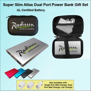 Super Slim Atlas Power Bank Dual Port Power Bank Zipper Wallet Gift Set 5000 mAh - Silver
