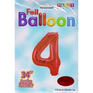 34 Mylar Number 4 Balloons - Red (Case of 48)