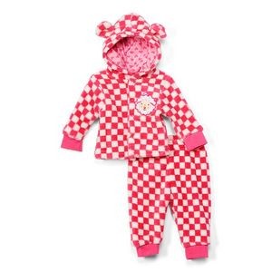 Baby Girls' Coral Fleece Plush Jacket & Pants Set - Pink, Checkered, 3