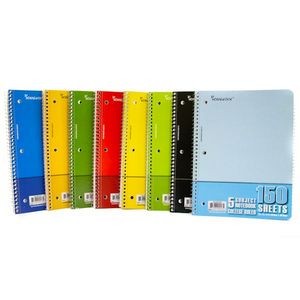 5 Subject College Ruled Spiral Notebook - 150 Sheets, 8 Cover Colors (