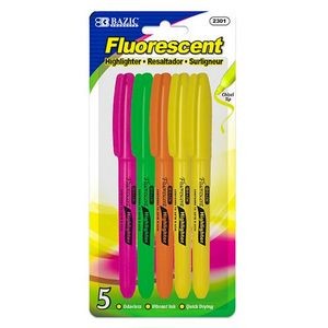 Highlighters - 5 Count, Assorted Fluorescent Colors, Chisel Tip (Case
