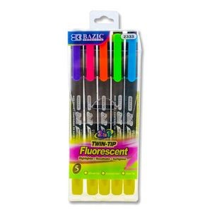 Highlighters - 5 Count, Assorted Fluorescent Colors, Twin Tips (Case o