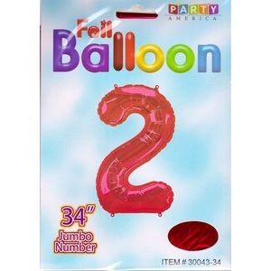 34 Mylar Number 2 Balloons - Red (Case of 48)