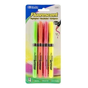 Highlighters - 4 Count, Fluorescent Colors, Pen-Style (Case of 144)