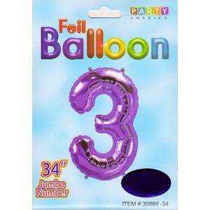 34 Mylar Number 3 Balloons - Purple (Case of 48)