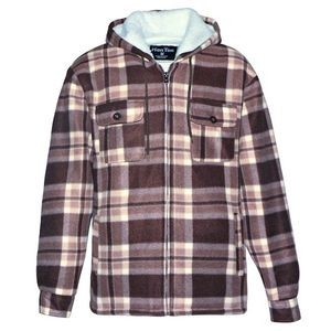 Men's Plaid Fleece Jackets - S-2X, Brown, Hooded (Case of 12)