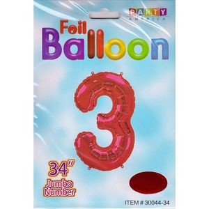 34 Mylar Number 3 Balloons - Red (Case of 48)