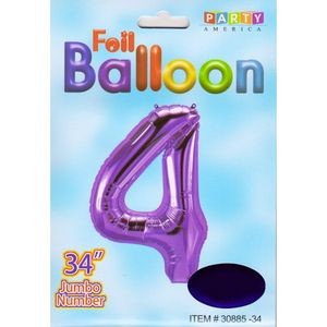 34 Mylar Number 4 Balloons - Purple (Case of 48)