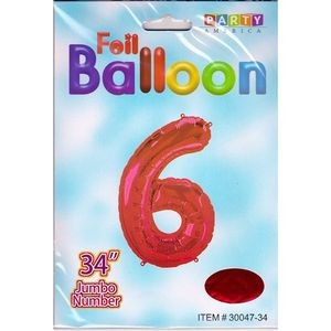 34 Mylar Number 6 Balloons - Red (Case of 48)