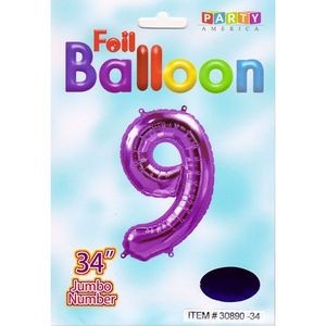 34 Mylar Number 9 Balloon - Purple (Case of 48)