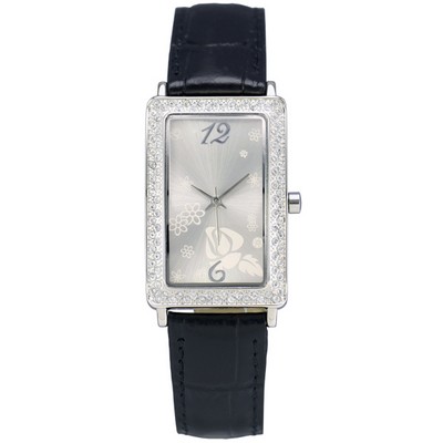 Matsuda Ladies Rectangular Crystal Watch w, Leather Strap