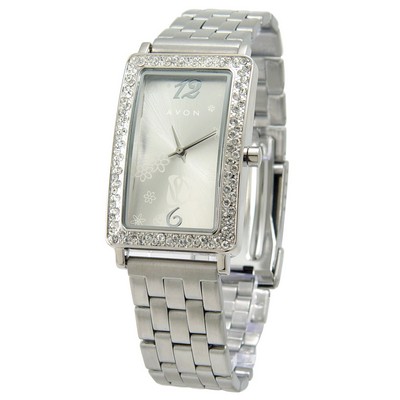 Matsuda Ladies Rectangular Crystal Watch w, Adjustable Metal Bracelets