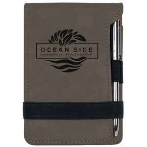 Notepad with Pen, Gray Faux Leather, 3 1/4" x 4 3/4"