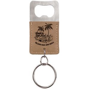 Rectangle Bottle Opener Keychain, Light Brown Faux Leather