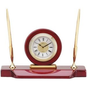 Rosewood Clock & Double Pen Set, 5" x 9"