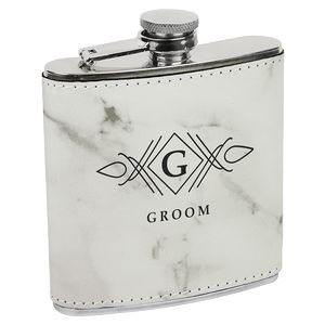 Stainless Steel Flask with White Marble Faux Leather, Engraved, 6 oz