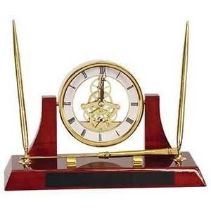 Rosewood/Gold Executive Piano Finish Clock w/ 2 Pens & Letter Opener