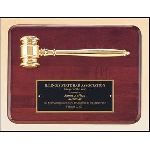 Rosewood plaque with gold metal gavel, 9 x 12