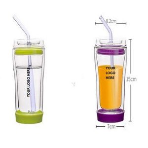 Double Wall Glass Juice Cup w/ Glass Lid & Straw 10 oz