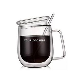 Double Wall Glass Coffee Mug w/Glass Lid & Spoon 10 Oz.