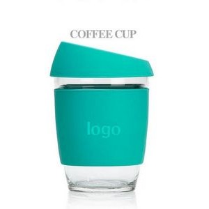 Glass Coffee Mug w/Silicone Sleeve & Lid 12 Oz.