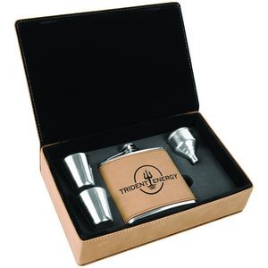 6 Oz. Light Brown Laser Engraved Leatherette Flask Gift Set
