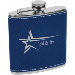6 Oz. Blue/Silver Laser Engraved Leatherette Stainless Steel Flask