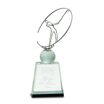11" Clear/Black Crystal Golf Award with Silver Metal Oval Figure