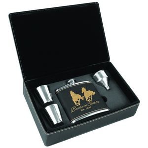 6 Oz. Black/Gold Laser Engraved Leatherette Flask Gift Set