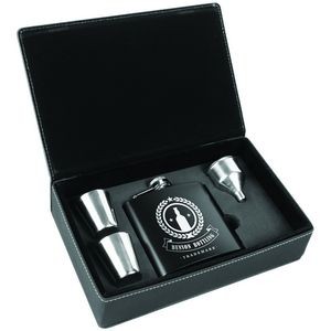 6 Oz. Black/Stainless Steel Laser Engraved Leatherette Flask Gift Set