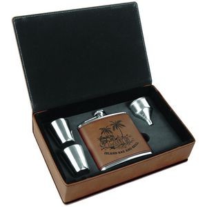 6 Oz. Dark Brown Laser Engraved Leatherette Flask Gift Set