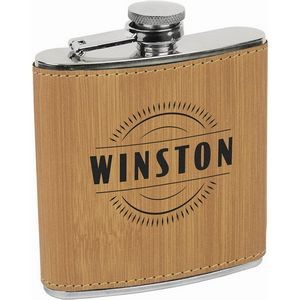 6 Oz. Bamboo Laser Engraved Leatherette Stainless Steel Flask