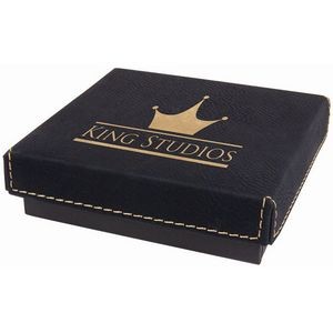 Black/Gold Medal Box with Laser Engraved Leatherette Lid (4" x 4")